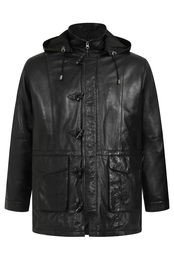 Men's Real Genuine Leather Classic Duffle Coat Jacket with Detachable Hood  - Olly - London Leathers Direct